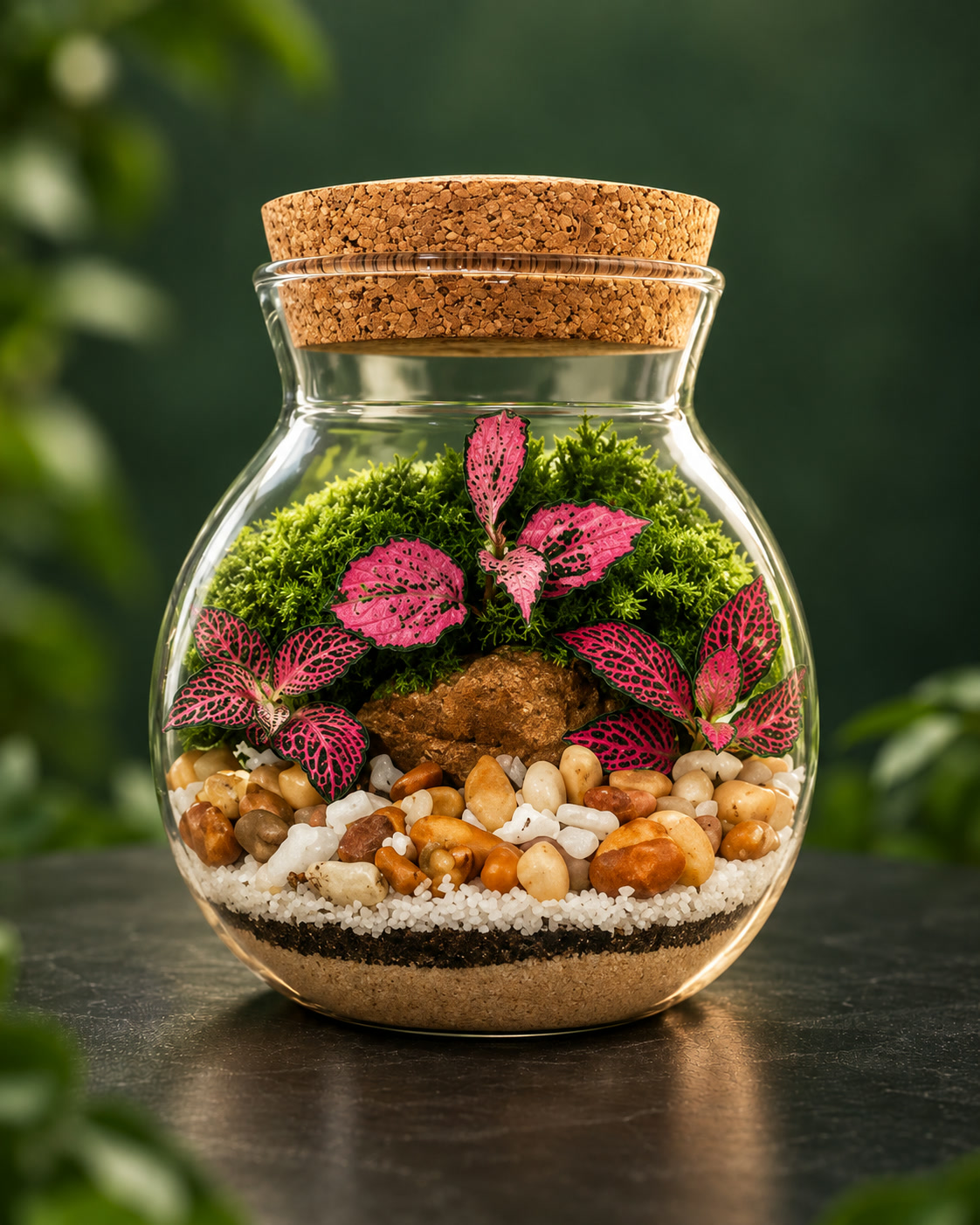 Terrário em pote com tampa de cortiça, fitônias rosas e pedrinhas coloridas