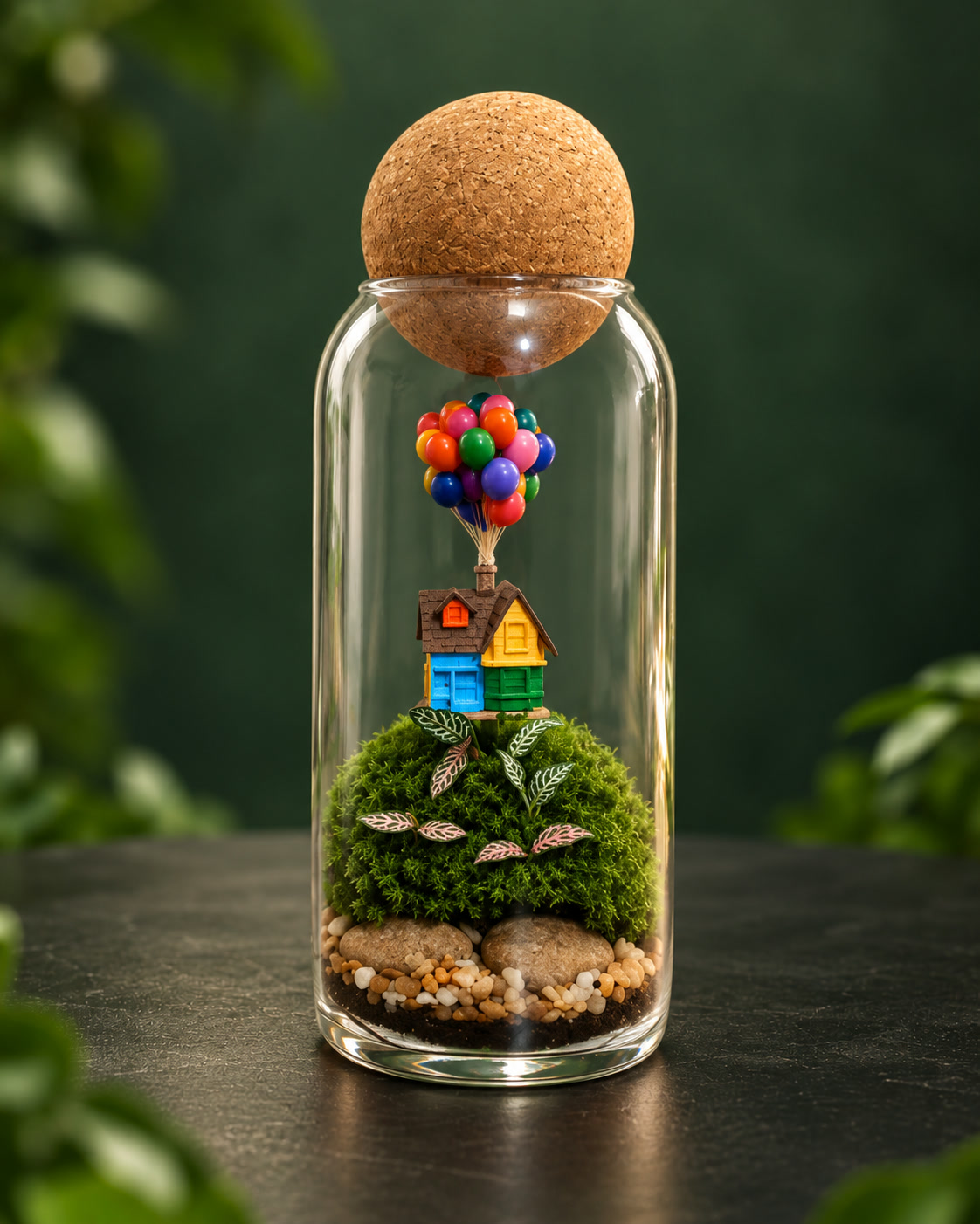 Terrário em cilindro alto com uma casinha presa a balões coloridos sobre o musgo