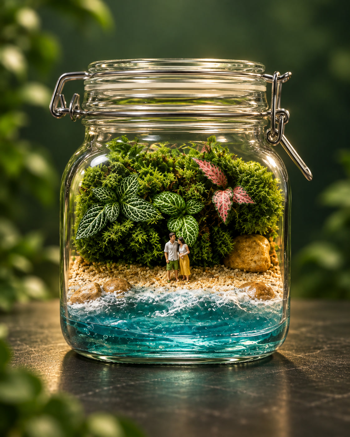 Terrário em pote hermético com um casal na beira de um mar de areia azul