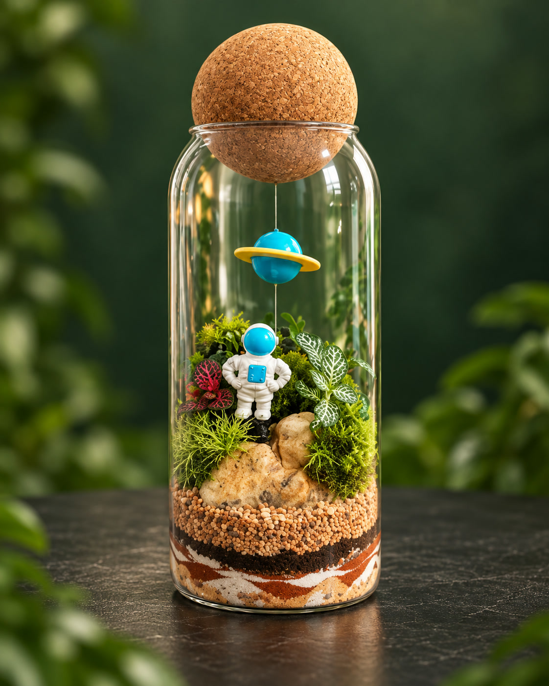 Terrário em cilindro com rolha de cortiça, um astronauta e um planeta sobre o musgo