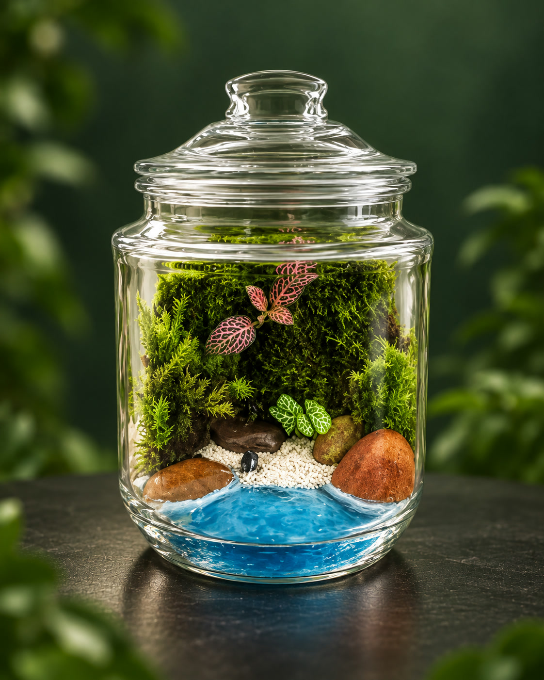 Terrário em pote com tampa de vidro, musgo, fitônia rosa e lago de areia azul