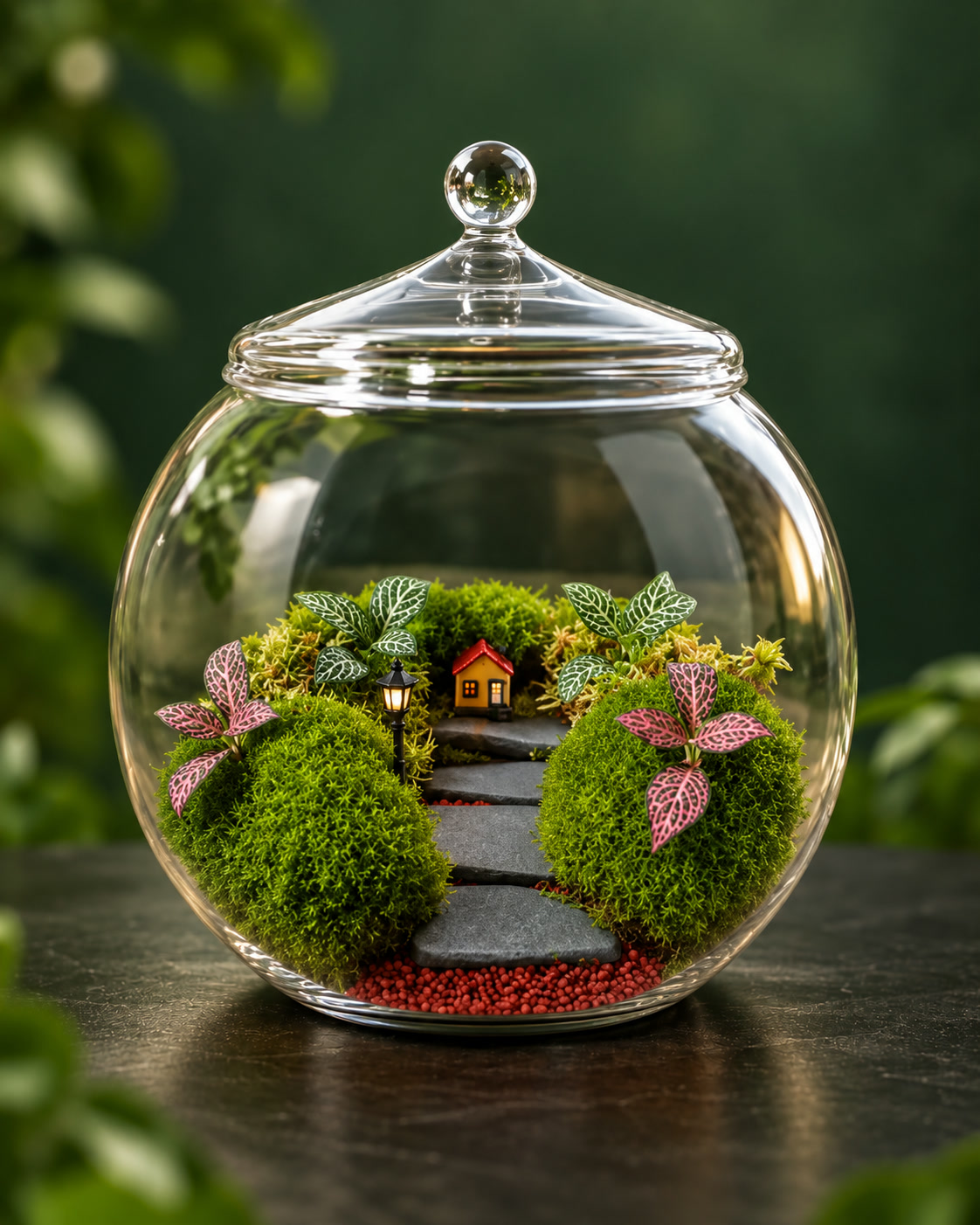 Terrário em aquário redondo com caminho de pedras até uma casinha entre montes de musgo
