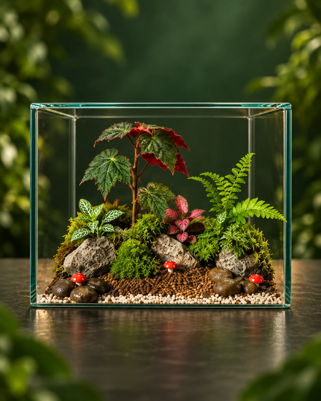 Terrário em caixa de vidro com begônia, samambaia, pedras e cogumelos vermelhos