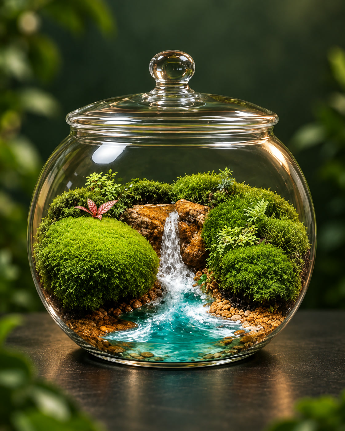Terrário em aquário redondo com uma queda d’água entre montes de musgo