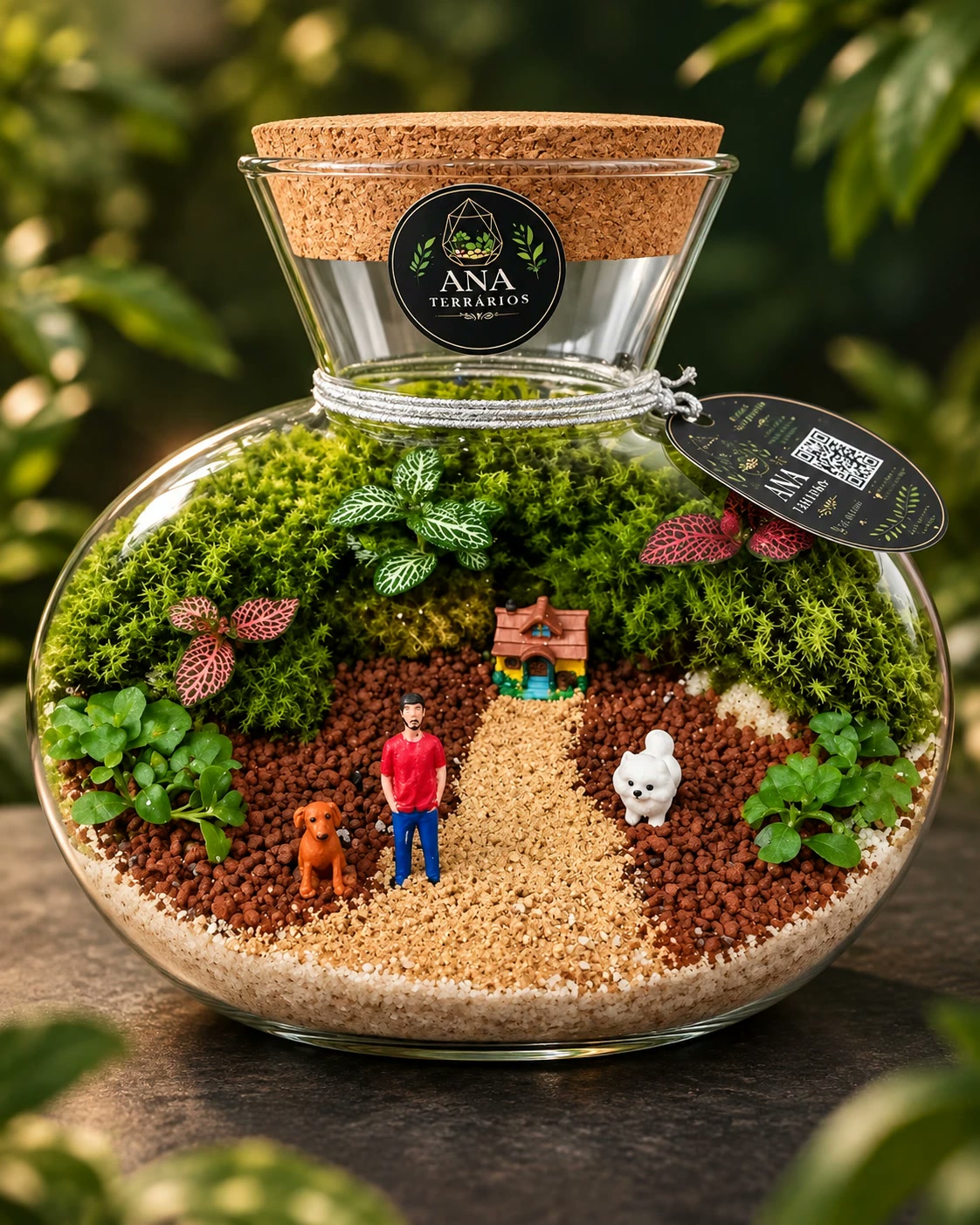 Terrário personalizado com um homem, seus dois cachorros e a casinha deles no fim do caminho